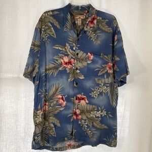 Caribbean Joe Men's Classic Rayon Hawaiian Shirt Blue with Pink Hibiscus Size L